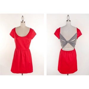 Judith March Red Sateen Cap Sleeves Dress with Houndstooth Back Bow Detail